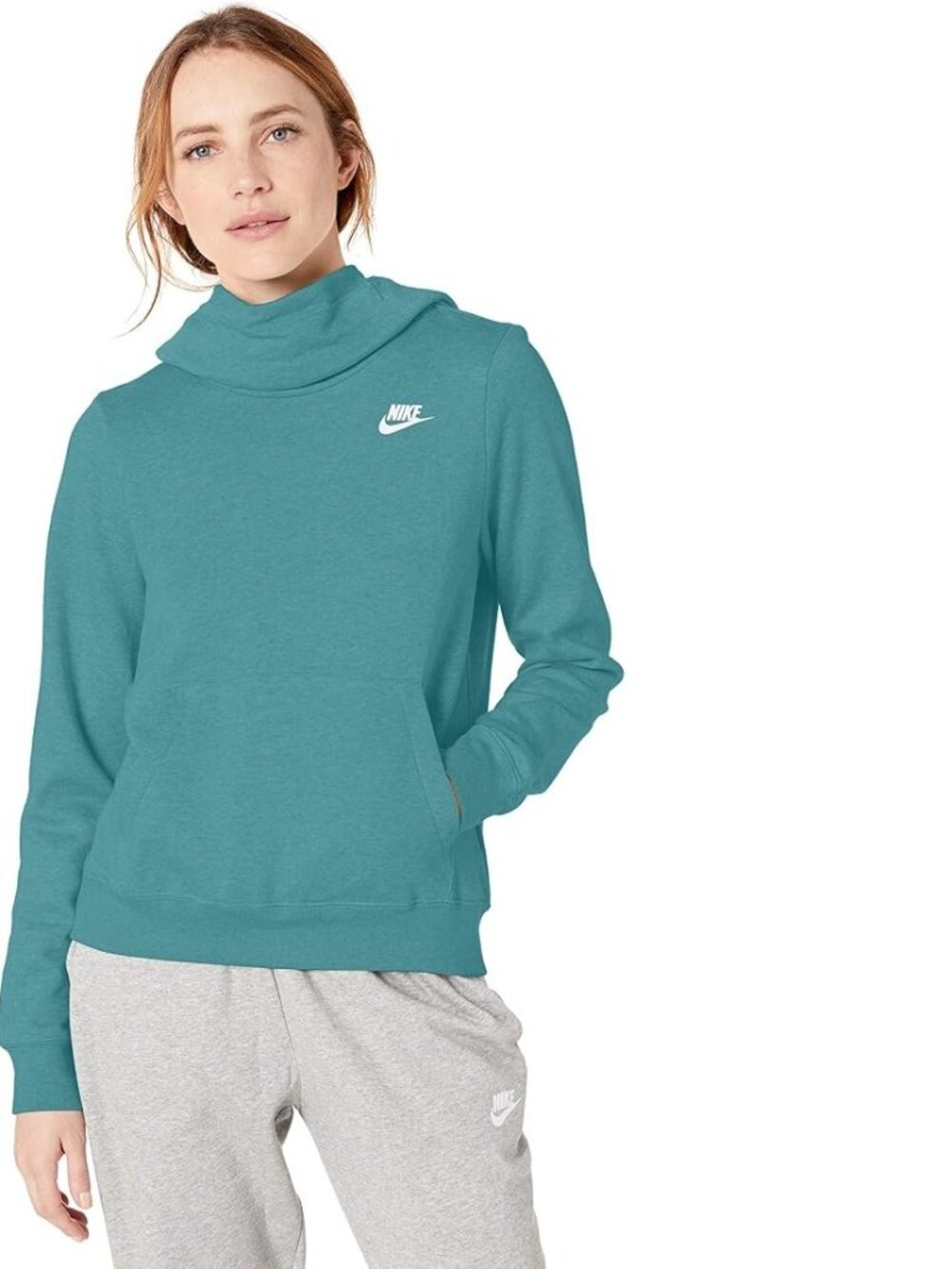 Nike Women's Teal Green Funnel Neck Fleece Lined Pullover Hoodie